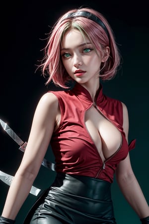 {{{masterpiece}}}, {{{best quality}}}, {{{ultra-detailed}}}, {cinematic lighting}, {illustration}, 1girl, sakura haruno, (green eyes:1.5), konoha sign on hairban, short hair, pink hair, bare shoulders, black short skirt, black gloves, diamond mark on forehead, konohagakure symbol, ninja, (red shirt:1.5), shirt, sleeveless, sleeveless shirt, sexy ass, big breasts, cleavage, holding kunai, pretty face, pretty eyes, nice hands,  perfect body, pretty nose, ninja village in background, abs