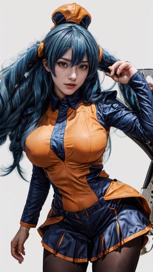 Masterpiece, best quality, absurdres, 1girl, standing, cowboy shot, contrapposto, acebw, Orange vest, long sleeves, blue skirt, long hair, blue hair, pantyhose, big boob, sexy body, more_than_one_pose, 4k, high_res