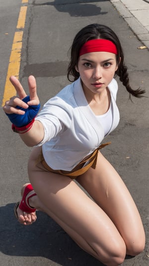 YuriSakazaki, 1girl, (fingerless_glove:1.2) ((red headband)),  serious face, (braided hair), ((Kneeling leg open))((from high angle shot)), (eyes looked up:1.3), (her face and breasts are wet),street fighter background,  pine tree,  portrait,  (best quality:1.2),  masterpiece,  perfect picture,  detailed eyes,  sharp focus,  big boob, 8k , blue shirt, white jacket, open jacket, fingerless_glove, blue short, white sandal, white glove