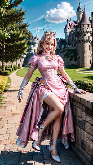 Peach_SMP,  masterpiece, best quality, highres, full body, far view, pch, pink dress, brooch, puffy sleeves, short sleeves, smile, elbow gloves, earrings, crown, outside of castle, view from below, detailed face, long leg, 4k, wear pink high heel