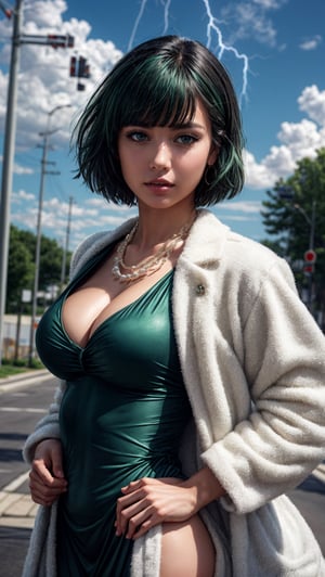 {{{masterpiece}}}, {{{best quality}}}, {{{ultra-detailed}}}, {cinematic lighting}, {illustration}, 1girl, Fubuki, short hair, green hair, green shine, taut green dress, big Pearl necklaces, sexy ass, sexy breasts, cleavage, pretty face, pretty eyes, white coat outside,3DMM, lightning, bad weather background