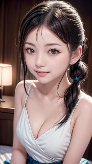 Shizuka, (masterpiece, best quality:1.4), Poses that fascinate a man, seducing smile, class background, 1girl, solo, with her black short hair styled in low twin pigtails,  she exudes an air of innocence and playfulness.Dressed in a japanese school girl uniform. Her eyes sparkle with youthful curiosity,  radiating her youthful charm.The portrait immortalizes the grace and beauty of the young teen. Poses that fascinate a man、seducing smile,  reflecting her vibrant personality, chinatsumura face,8k, high res, best quality, big brest, detailed face,chinatsumura