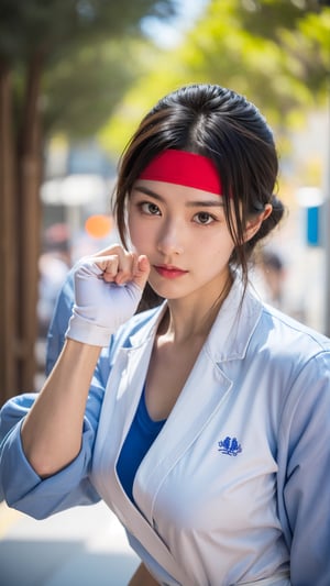 YuriSakazaki,  1girl,  white gi, red headband,  serious face, braided hair, street fighter background,  pine tree,  portrait,  (best quality:1.2),  masterpiece,  perfect picture,  detailed eyes,  sharp focus,  big boob, upper body, 8k , blue shirt, white jacket, open jacket, fingerless_glove, blue pant, white sandal