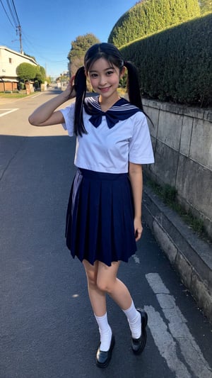 Shizuka, (masterpiece, best quality:1.4), (full body:1.5), (standing:1.5), 1girl, solo, with her black short hair styled in low twin pigtails,  she exudes an air of innocence and playfulness.Dressed in a japanese school girl uniform. Her eyes sparkle with youthful curiosity,  radiating her youthful charm.The portrait immortalizes the grace and beauty of the young teen. Poses that fascinate a man、seducing smile,  reflecting her vibrant personality, chinatsumura face,8k, high res, best quality, big brest, detailed face