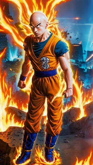 saitama, goku shirt, one punch man, 1boy, (bald:1.5), (full body:1.2), close up, looking at viewer, city burning, white cape, destruction, ruins, fire, (stupid face:1.2), handsome asian male, orange pant, black boot