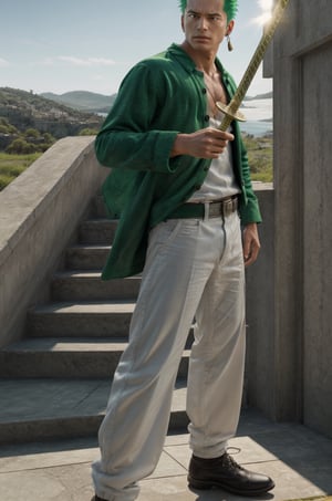 Very green hair , (masterpiece), (work of art), (artwork), (best quality), (best lighting), male, Roronoa Zoro holding 3 sword (one piece), dynamic pose, action pose, (detailed eyes), light skin tone, grey eyes, green short hair, wearing a white shirt, fir green pants, gold earring in left ear, linear indirect lighting medieval scenery background, adddetailed, add_detailed, eye_details, more_detail, background_detail, hands_details, high_resolution, high detailed, SamDoesArts,zoro,Holdingsword