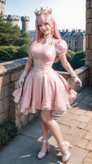 Peach_SMP,  masterpiece, best quality, highres, full body, far view, pch, pink dress, brooch, puffy sleeves, short sleeves, smile, elbow gloves, earrings, crown, outside of castle, view from higher, detailed face, long leg, 4k, wear pink high heel, yellow hair