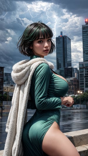 {{{masterpiece}}}, {{{best quality}}}, {{{ultra-detailed}}}, {cinematic lighting}, {illustration}, 1girl, Fubuki, short hair, green hair, green shine, taut green dress, big Pearl necklaces, sexy ass, sexy breasts, cleavage, pretty face, pretty eyes, white coat outside,3DMM, lightning, bad weather background, cast lightning spell on hand
