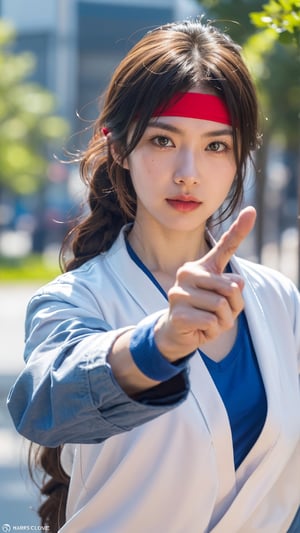 YuriSakazaki,  1girl,  white gi, red headband,  serious face, braided hair, street fighter background,  pine tree,  portrait,  (best quality:1.2),  masterpiece,  perfect picture,  detailed eyes,  sharp focus,  big boob, upper body, 8k , blue shirt, white jacket, open jacket, fingerless_glove, blue pant, white sandal