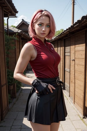 {{{masterpiece}}}, {{{best quality}}}, {{{ultra-detailed}}}, {cinematic lighting}, {illustration}, 1girl, sakura haruno, (green eyes:1.5), konoha sign on hairban, short hair, pink hair, bare shoulders, black short skirt, black gloves, diamond mark on forehead, konohagakure symbol, ninja, (red shirt:1.5), shirt, sleeveless, sleeveless shirt, sexy ass, big breasts, cleavage, holding kunai, pretty face, pretty eyes, nice hands,  perfect body, pretty nose, ninja village in background,Highkick to the sky