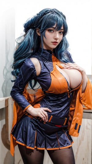Masterpiece, best quality, absurdres, 1girl, standing, cowboy shot, contrapposto, acebw, Orange vest, long sleeves, blue skirt, long hair, blue hair, pantyhose, big boob, sexy body, more_than_one_pose, 4k, high_res