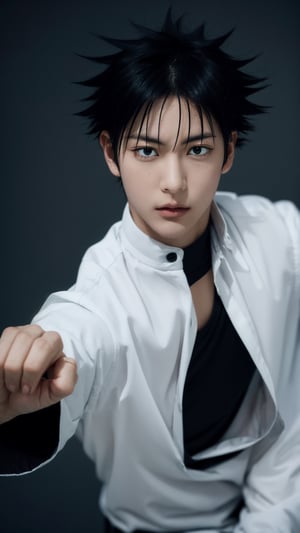 (Clap hand), (raven fly in background) , masterpiece, best quality, high quality, 1boy, solo, male focus, looking at viewer, fushiguro_megumi, black hair, spiked hair, black eyes, black kungfu shirt, 8k,perfect