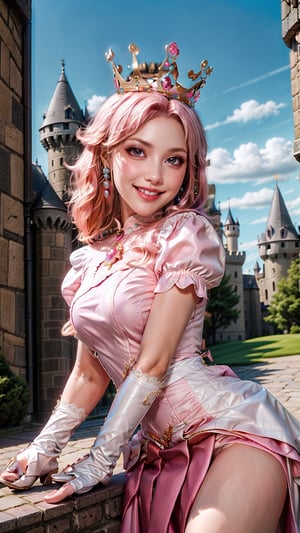 Peach_SMP,  masterpiece, best quality, highres, full body, far view, pch, pink dress, brooch, puffy sleeves, short sleeves, smile, elbow gloves, earrings, crown, outside of castle, view from below, detailed face, long leg, 4k, wear pink high heel