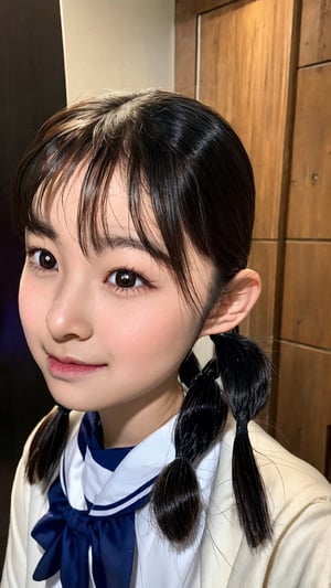 Shizuka, Upper body. With her black short hair styled in low twin pigtails,  she exudes an air of innocence and playfulness.Dressed in a japanese school girl uniform. Her eyes sparkle with youthful curiosity,  and her lips curve into a gentle smile,  radiating her youthful charm.The portrait immortalizes the grace and beauty of the young teen. Her black hair styled in low twin pigtails adds a touch of whimsy to her regal appearance,  reflecting her vibrant personality, chinatsumura face,8k, high res, best quality, small brest