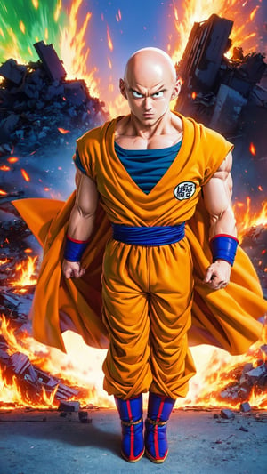 saitama, goku shirt, one punch man, 1boy, (bald:1.5), (full body:1.2), realistic, looking at viewer, city burning, white cape, destruction, ruins, fire, (stupid face:1.2), handsome asian male, orange pant, blue boot