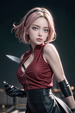 {{{masterpiece}}}, {{{best quality}}}, {{{ultra-detailed}}}, {cinematic lighting}, {illustration}, 1girl, sakura haruno, (green eyes:1.5), konoha sign on hairban, short hair, pink hair, bare shoulders, black short skirt, black gloves, diamond mark on forehead, konohagakure symbol, ninja, (red shirt:1.5), shirt, sleeveless, sleeveless shirt, sexy ass, big breasts, cleavage, holding kunai, pretty face, pretty eyes, nice hands,  perfect body, pretty nose, ninja village in background, abs