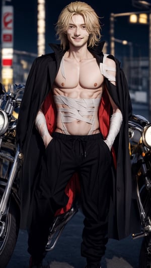 (best quality), (highly detailed), high res, 8k, mikey, manjiro_sano, tokyo_revengers, 1boy, shirt less, (((bandage wrapped around the abdomen))), solo, black pants, male focus, blonde hair, black pants, bad boy smile, cowboy shot, hands in pockets, standing, medium hair, black coat, :d, collarbone, coat on shoulders, detailed face, realistic, bad boy, motobike, outside, schoo in the background, black shoe