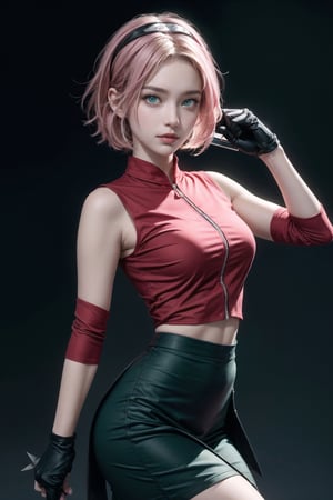 {{{masterpiece}}}, {{{best quality}}}, {{{ultra-detailed}}}, {cinematic lighting}, {illustration}, 1girl, sakura haruno, (green eyes:1.5), konoha sign on hairban, short hair, pink hair, bare shoulders, black short skirt, black gloves, diamond mark on forehead, konohagakure symbol, ninja, (red shirt:1.5), shirt, sleeveless, sleeveless shirt, sexy ass, sexy breasts, cleavage, holding kunai, pretty face, pretty eyes, nice hands,  perfect body, pretty nose, ninja village in background, abs