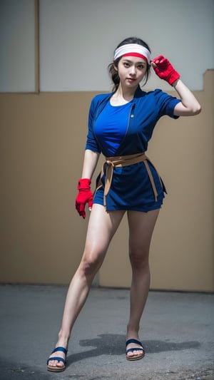 YuriSakazaki, 1girl, (full body:1.2), (fingerless_glove:1.2) ((red headband)),  serious face, (braided hair), street fighter background,  pine tree,  portrait,  (best quality:1.2),  masterpiece,  perfect picture,  detailed eyes,  sharp focus,  big boob, 8k , blue shirt, white jacket, open jacket, fingerless_glove, blue pant, white sandal, white glove