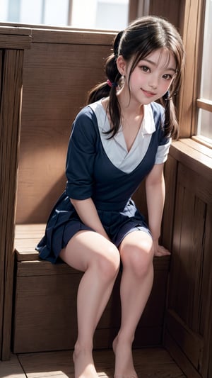Shizuka, (masterpiece, best quality:1.4), (full body:1.5), (((knee-bending leg sitting))), in the class, 1girl, solo, with her black short hair styled in low twin pigtails,  she exudes an air of innocence and playfulness.Dressed in a japanese school girl uniform. Her eyes sparkle with youthful curiosity,  radiating her youthful charm.The portrait immortalizes the grace and beauty of the young teen. Poses that fascinate a man、seducing smile,  reflecting her vibrant personality, chinatsumura face,8k, high res, best quality, big brest, detailed face,chinatsumura