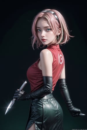 {{{masterpiece}}}, {{{best quality}}}, {{{ultra-detailed}}}, {cinematic lighting}, {illustration}, 1girl, sakura haruno, (green eyes:1.5), konoha sign on hairban, short hair, pink hair, bare shoulders, black short skirt, black gloves, diamond mark on forehead, gloves, konohagakure symbol, ninja, (red shirt:1.5), shirt, sleeveless, sleeveless shirt, sexy ass, sexy breasts, cleavage, holding kunai, pretty face, pretty eyes, nice hands,  perfect body, pretty nose