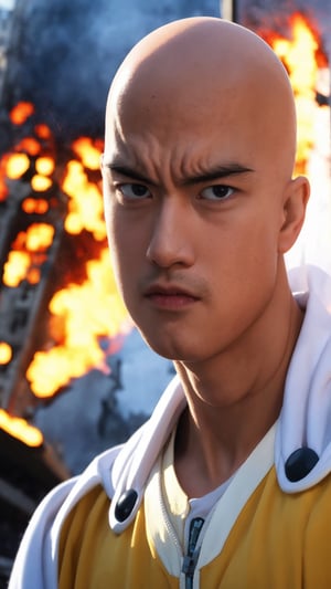 saitama, anime, one punch, 1boy, bald, upper body, close up, looking at viewer, city burning, white cape, destruction, ruins, fire, (serious face:1.2)