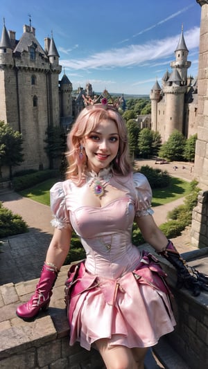 Peach_SMP,  masterpiece, best quality, highres, full body, far view, pch, pink dress, brooch, puffy sleeves, short sleeves, smile, elbow gloves, earrings, crown, outside of castle, view from higher, detailed face, long leg, 4k, wear pink high heel