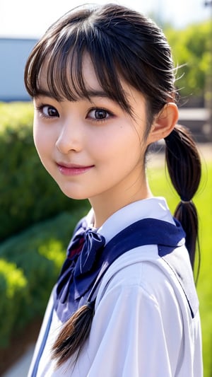 Shizuka, Upper body. With her black short hair styled in low twin pigtails,  she exudes an air of innocence and playfulness.Dressed in a japanese school girl uniform. Her eyes sparkle with youthful curiosity,  and her lips curve into a gentle smile,  radiating her youthful charm.The portrait immortalizes the grace and beauty of the young teen. Her black hair styled in low twin pigtails adds a touch of whimsy to her regal appearance,  reflecting her vibrant personality, chinatsumura face,8k, high res, best quality, big brest, detailed face