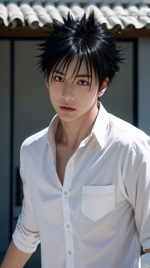 masterpiece, best quality, high quality, 1boy, solo, male focus, looking at viewer, upper body, fushiguro_megumi, black hair, spiked hair, black eyes, old china kungfu shirt, 8k