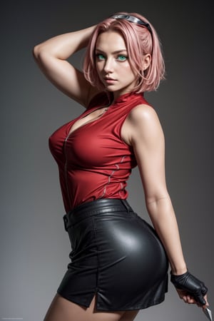 {{{masterpiece}}}, {{{best quality}}}, {{{ultra-detailed}}}, {cinematic lighting}, {illustration}, 1girl, sakura haruno, (green eyes:1.5), konoha sign on hairban, short hair, pink hair, bare shoulders, black short skirt, black gloves, diamond mark on forehead, konohagakure symbol, ninja, (red shirt:1.5), shirt, sleeveless, sleeveless shirt, sexy ass, big breasts, cleavage, holding kunai, pretty face, pretty eyes, nice hands,  perfect body, pretty nose, full-body_portrait