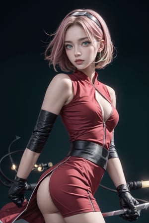 {{{masterpiece}}}, {{{best quality}}}, {{{ultra-detailed}}}, {cinematic lighting}, {illustration}, 1girl, sakura haruno, (green eyes:1.5), konoha sign on hairban, short hair, pink hair, bare shoulders, black short skirt, black gloves, diamond mark on forehead, konohagakure symbol, ninja, (red shirt:1.5), shirt, sleeveless, sleeveless shirt, sexy ass, sexy breasts, cleavage, holding kunai, pretty face, pretty eyes, nice hands,  perfect body, pretty nose, ninja village in background, abs