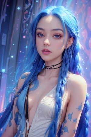 (best quality, masterpiece, colorful, dynamic angle, highest detailed)(Jinx, Legue of Legends, Arcane) upper body professional photo, award winning fashion photography of sexy, intense blue long hair, Jinx, Arcane, flirting, bokeh, (intricate details, hyperdetailed:1.15), detailed, sunlight passing through hair (official art, colorful background, extreme detailed, highest detailed),JinxLol,1 girl