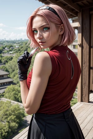 {{{masterpiece}}}, {{{best quality}}}, {{{ultra-detailed}}}, {cinematic lighting}, {illustration}, 1girl, sakura haruno, (green eyes:1.5), konoha sign on hairban, short hair, pink hair, bare shoulders, black short skirt, black gloves, diamond mark on forehead, konohagakure symbol, ninja, (red shirt:1.5), shirt, sleeveless, sleeveless shirt, sexy ass, big breasts, cleavage, holding kunai, pretty face, pretty eyes, nice hands,  perfect body, pretty nose, ninja village in background,Highkick to the sky