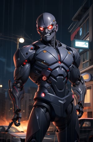 evil terminator cyborg in a  city rain dark explosion cars guns and 80's action theme,gianluca_antonelli