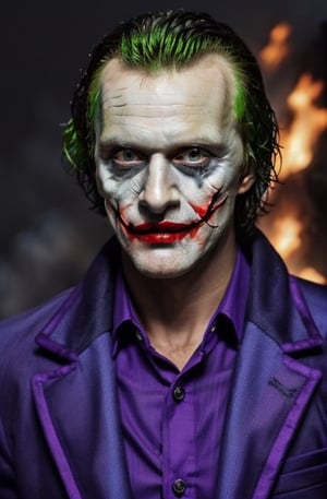 the joker ,  dc_(comics)  ,white flesh , decomposing skin, glowing red eyes ,zombie human.white skin , open mouth ,fangs, houses on fire background  ), portrait, in a purple suit, purple coat,  , purple  green hair ,purple trousers,allblacksuit, detailed,bigbyTWAS_soul3142,monster,ded1