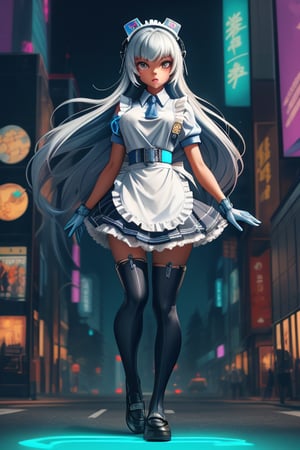 A young Autobot, clad in a knee-length Japanese schoolgirl uniform with frilly apron and knee-high socks, stands confidently amidst a futuristic cityscape. Her cybernetic enhancements - gleaming circuits, glowing blue optics, and metallic limbs - peek through the fabric, hinting at her mechanical nature. The vibrant neon hues of skyscrapers and holographic advertisements create a striking contrast to her soft, feminine features. In the midst of this high-tech chaos, she exudes a sense of calm determination.