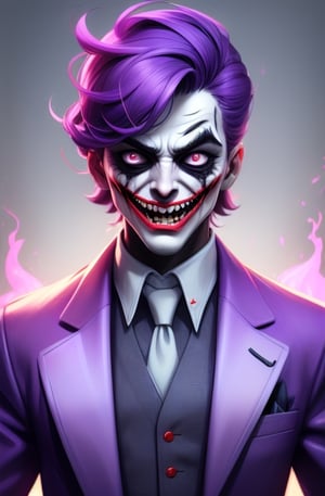 , willem dafoe , the joker ,  dc_(comics)  ,white flesh , decomposing skin, glowing red eyes ,zombie human.white skin , open mouth ,fangs, houses on fire background  ), portrait, in a purple suit, purple coat,  , purple  green hair ,purple trousers,allblacksuit, detailed,bigbyTWAS_soul3142,monster,ded1,Businessman