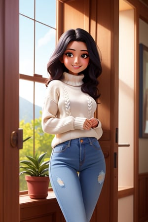 A lovely Nepali girl, 25 years old, posing confidently in front of a bright and airy background, with sunlight streaming in through windows or open doors. She wears a white patterned sweater that complements her long black hair, which falls down her back like a waterfall. Her blue jeans are fitted, accentuating her toned legs. A pop of color adds a touch of playfulness to the scene, perhaps from a colorful accessory or a vibrant piece of clothing. The warm sunlight casts a flattering glow on her face, highlighting her bright smile and sparkling eyes.