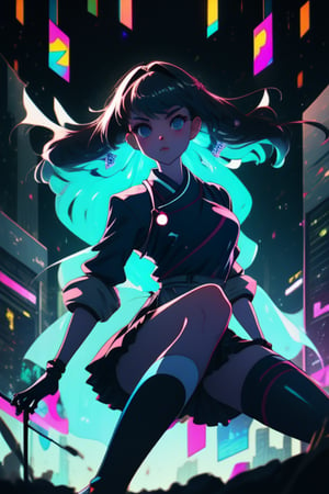 A young Autobot, clad in a knee-length Japanese schoolgirl uniform with frilly apron and knee-high socks, stands confidently amidst a futuristic cityscape. Her cybernetic enhancements - gleaming circuits, glowing blue optics, and metallic limbs - peek through the fabric, hinting at her mechanical nature. The vibrant neon hues of skyscrapers and holographic advertisements create a striking contrast to her soft, feminine features. In the midst of this high-tech chaos, she exudes a sense of calm determination.