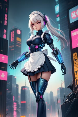 A young Autobot, clad in a knee-length Japanese schoolgirl uniform with frilly apron and knee-high socks, stands confidently amidst a futuristic cityscape. Her cybernetic enhancements - gleaming circuits, glowing blue optics, and metallic limbs - peek through the fabric, hinting at her mechanical nature. The vibrant neon hues of skyscrapers and holographic advertisements create a striking contrast to her soft, feminine features. In the midst of this high-tech chaos, she exudes a sense of calm determination.