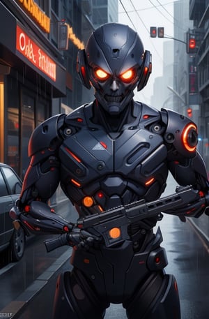evil terminator cyborg in a  city rain dark explosion cars guns and 80's action theme,gianluca_antonelli