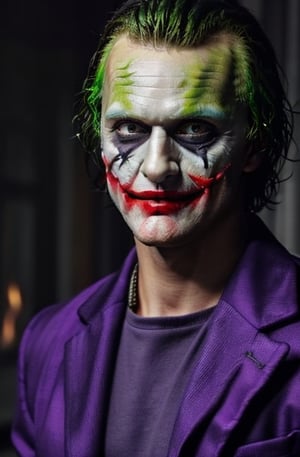 the joker ,  dc_(comics)  ,white flesh , decomposing skin, glowing red eyes ,zombie human.white skin , open mouth ,fangs, houses on fire background  ), portrait, in a purple suit, purple coat,  , purple  green hair ,purple trousers,allblacksuit, detailed,bigbyTWAS_soul3142,monster,ded1