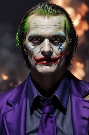 the joker ,  dc_(comics)  ,white flesh , decomposing skin, glowing red eyes ,zombie human.white skin , open mouth ,fangs, houses on fire background  ), portrait, in a purple suit, purple coat,  , purple  green hair ,purple trousers,allblacksuit, detailed,bigbyTWAS_soul3142,monster,ded1