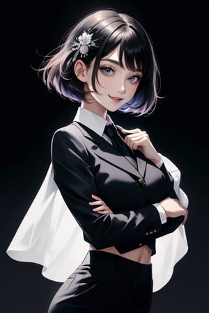 4k,best quality,masterpiece,20yo 1girl,(black suit and pants, alluring smile, head ornaments 

(Beautiful and detailed eyes),
Detailed face, detailed eyes, double eyelids ,thin face, real hands, muscular fit body, semi visible abs, ((short hair with long locks:1.2)), black hair, black background,


real person, color splash style photo,
