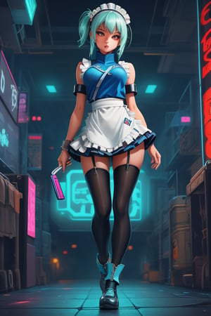 A young Autobot, clad in a knee-length Japanese schoolgirl uniform with frilly apron and knee-high socks, stands confidently amidst a futuristic cityscape. Her cybernetic enhancements - gleaming circuits, glowing blue optics, and metallic limbs - peek through the fabric, hinting at her mechanical nature. The vibrant neon hues of skyscrapers and holographic advertisements create a striking contrast to her soft, feminine features. In the midst of this high-tech chaos, she exudes a sense of calm determination.