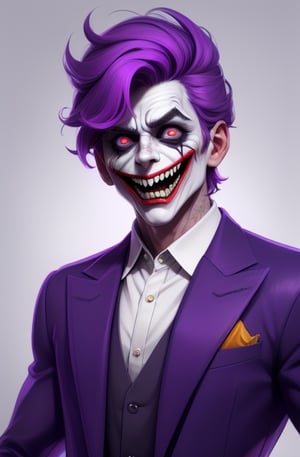 , willem dafoe , the joker ,  dc_(comics)  ,white flesh , decomposing skin, glowing red eyes ,zombie human.white skin , open mouth ,fangs, houses on fire background  ), portrait, in a purple suit, purple coat,  , purple  green hair ,purple trousers,allblacksuit, detailed,bigbyTWAS_soul3142,monster,ded1,Businessman