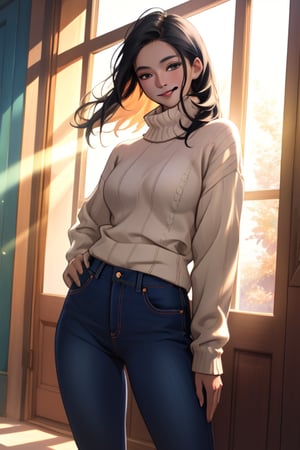 A lovely Nepali girl, 25 years old, posing confidently in front of a bright and airy background, with sunlight streaming in through windows or open doors. She wears a white patterned sweater that complements her long black hair, which falls down her back like a waterfall. Her blue jeans are fitted, accentuating her toned legs. A pop of color adds a touch of playfulness to the scene, perhaps from a colorful accessory or a vibrant piece of clothing. The warm sunlight casts a flattering glow on her face, highlighting her bright smile and sparkling eyes.