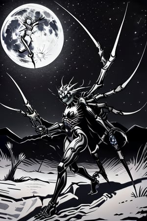 amazon women in small bikinis attacking evil creatuers that have huge fangs and razor sharp claws in some futuristic desert at night with a full moon.,BlackworkStyleManityro