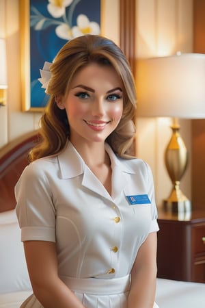 A sultry maid poses in a luxurious hotel room, wearing a crisp white uniform and a warm smile. Soft golden lighting illuminates her features as she gazes directly at the camera, her bright blue eyes sparkling with a hint of mischief. The rich wood paneling and plush carpeting of the suite provide a sophisticated backdrop for her curvaceous figure and playful demeanor.,3D