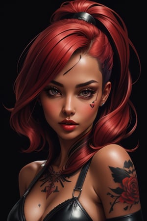 Tattoo sketch, by enki bilal, double exposure. high quality, high detail, (16K Ultra HD), (masterpiece), (best quality), (ultra realistic detail).  (beautiful rockabilly girl), (cherry red hair with dark roots), dark smoky background